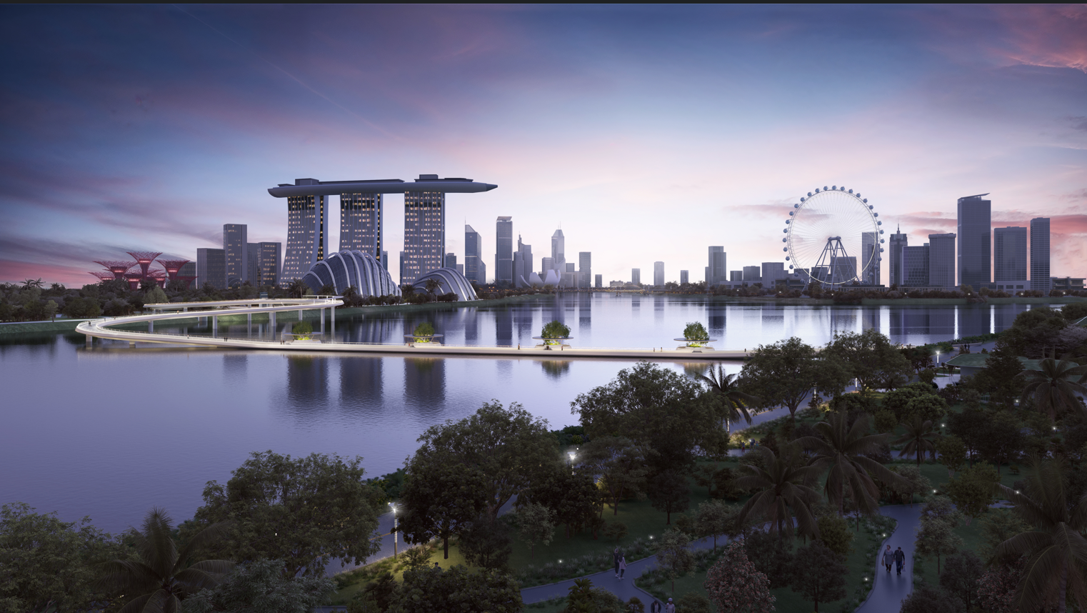 Singapore skyline at dusk. Skyscrapers, Ferris wheel, and bay reflected in calm water. Trees and park in foreground.